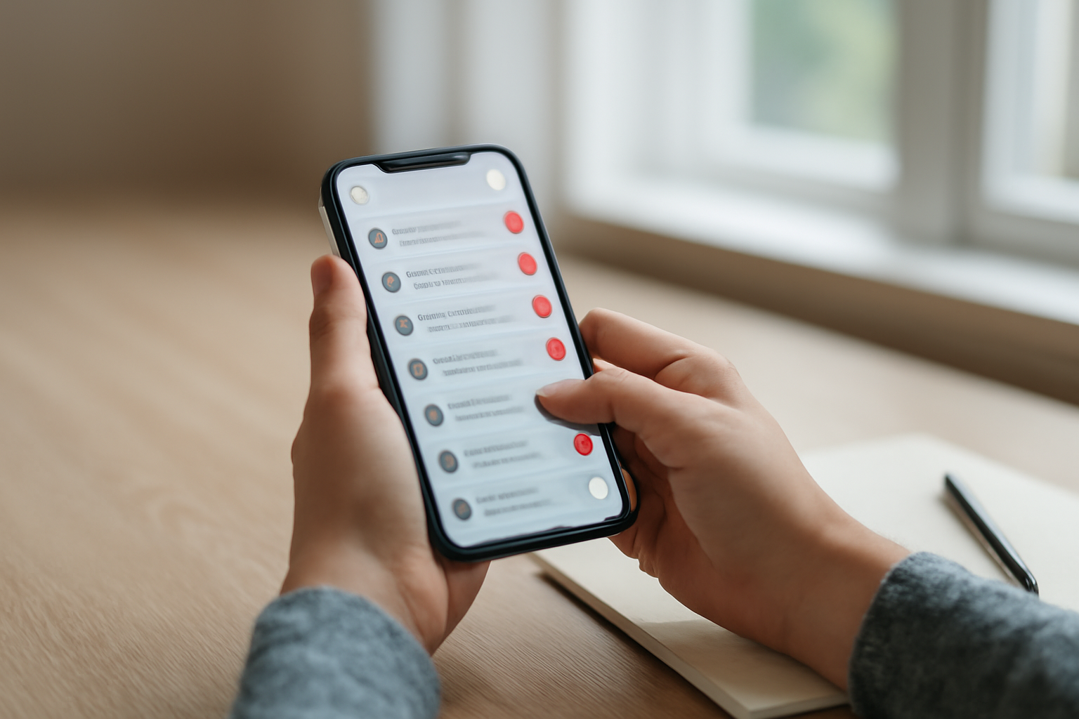 Tangan seseorang memegang ponsel dengan banyak pesan masuk di aplikasi chatting, siap diperiksa kebenarannya